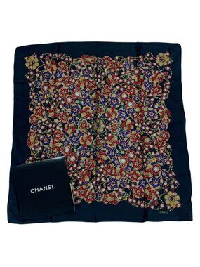 Chanel Scarf Silk Pattern Logo Black
